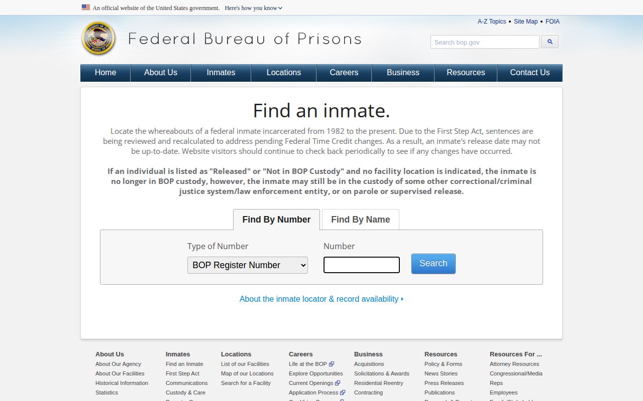 Federal Bureau of Prisons official inmate locator search form