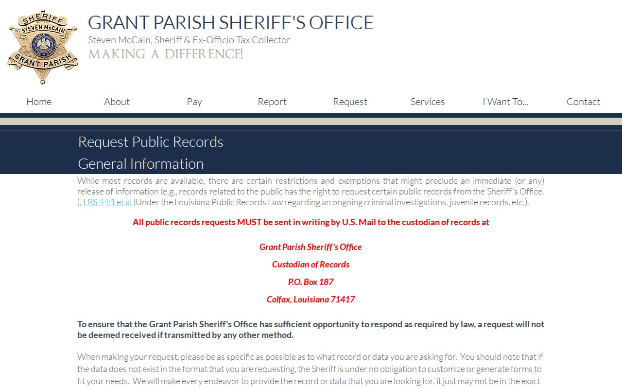 Grant Parish Sheriff public records request instructions and fee information