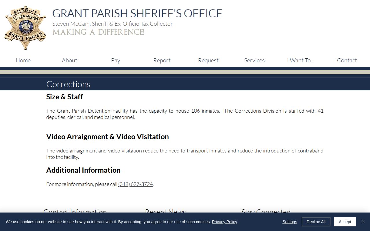 Grant Parish Sheriff Corrections page describing the detention facility