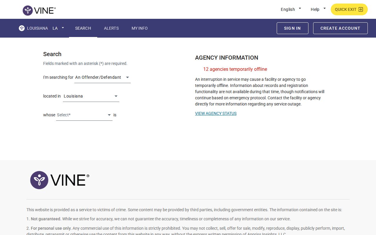 Official VINELink Louisiana person search interface