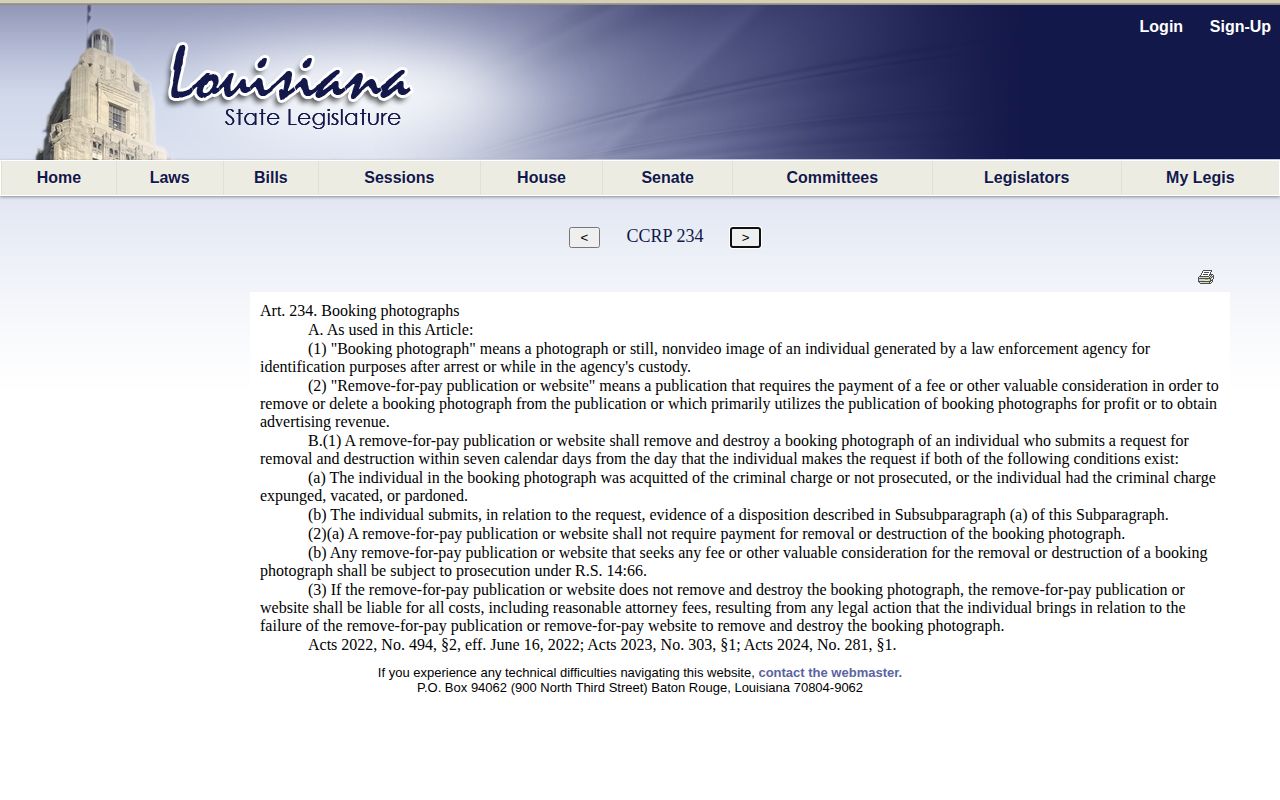 Official Louisiana article 234 booking photograph law page